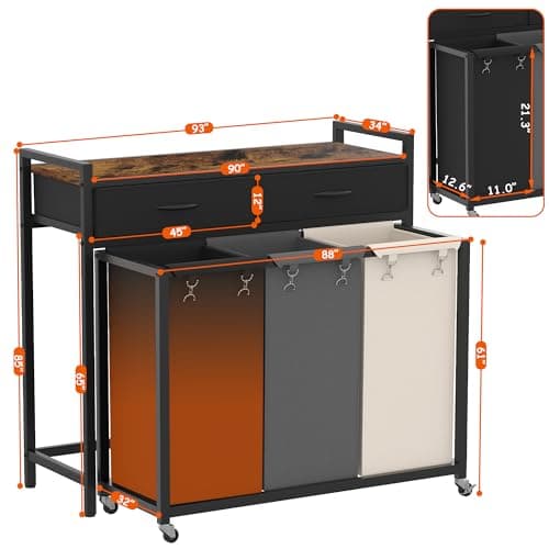 Heybly 126L Laundry Sorter with Rolling Bags and Storage Drawers - Rustic Brown