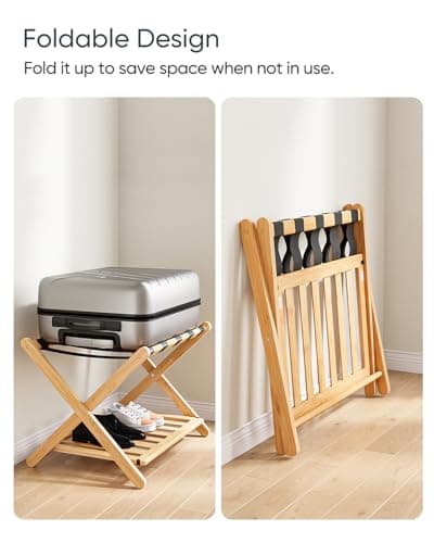 Fully Assembled Bamboo Luggage Stand with Storage, 5 Nylon Straps, Heavy Duty, Natural