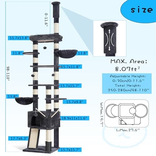Hey-Brother Smoky Gray Tall Cat Tree, 94.5-106.3 Inches Adjustable Height