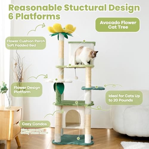 HYABI 64.5-Inch Tall Avocado Flower Cat Tree Tower with Scratching Posts & Plush Ball