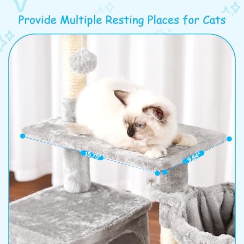 Light Gray MPJ007SW Plush 42.5-Inch Cat Tower with Scratching Post & Hanging Ball