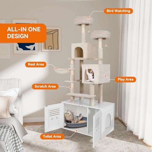 All-in-One Wooden Cat Tree with Litter Box Enclosure, 76.8 Inch Tall Condo with Hammock and Scratching Posts, White