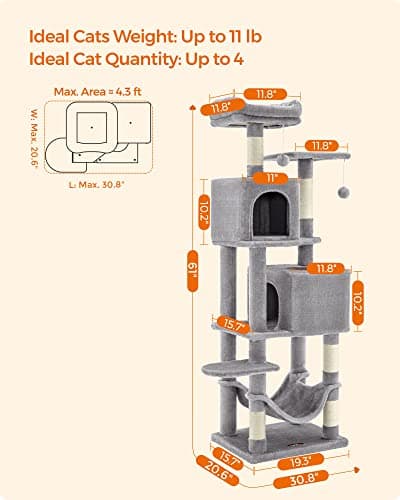 Feandrea 61-Inch Cat Tree for Indoor Cats - Plush Multi-Level Condo with 5 Scratching Posts, 2 Perches, 2 Caves, and Hammock in Light Gray