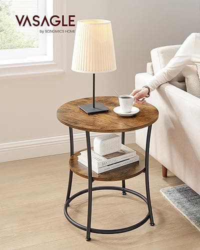 VASAGLE Round End Table with 2 Shelves for Living Room, Bedroom & Nightstand, Rustic Brown & Ink Black