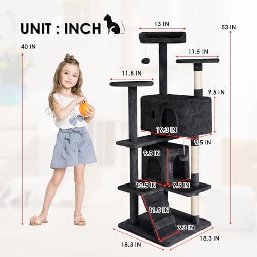 Indoor Cat Tree 53 Inches with Dangling Ball & Funny Toys, Dark Gray