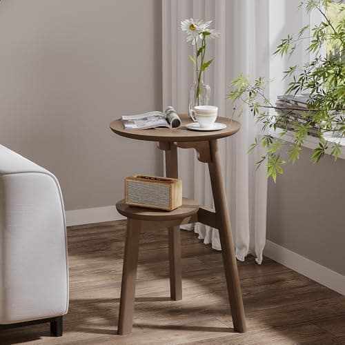 ChooChoo Round End Table with 2 Tier Shelf for Small Spaces, Walnut