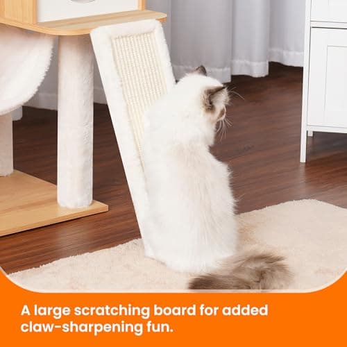 Modern Walnut Cat Tree with Self Groomer, Basket, Hammock, and Dangling Ball for Large Indoor Cats