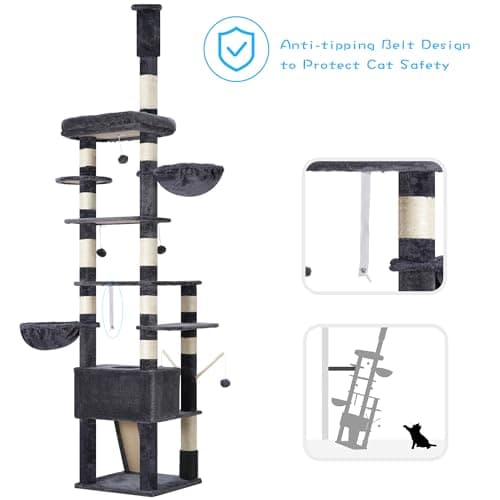 Hey-Brother Smoky Gray Tall Cat Tree, 94.5-106.3 Inches Adjustable Height