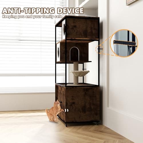 Large Wooden Cat Litter Box Enclosure with Tower, 45" Tall