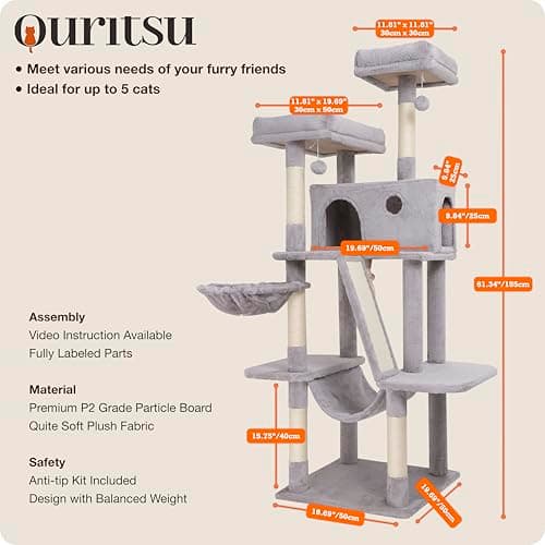 OURITSU 61-inch Tall Cat Tree with Hammock & Scratching Post, Light Gray