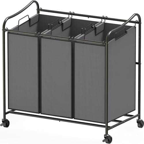 Silver Durable 3-Bag Laundry Sorter Cart – Heavy Duty Rollable Hamper — Dark Grey