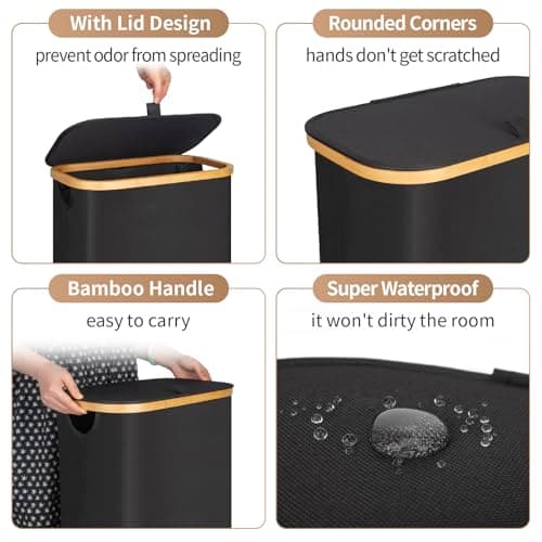 Large Black Foldable Laundry Hamper with Lid & Bamboo Handle