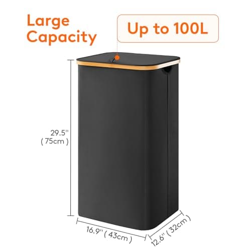 Lifewit Large Foldable Black Laundry Basket with Lid, Bamboo Handles
