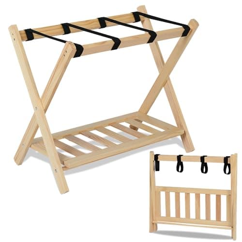 Wooden Luggage Racks Set of 3, Foldable with Storage Shelf, Hotel Suitcase Stand