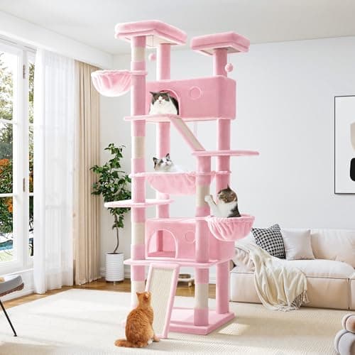 Allewie 81" Tall Multi-Level Cat Tree with Condo, Hammock & Scratching Post, Grey — Pink