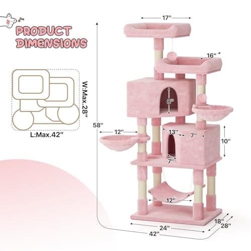 MoNiBloom 58 Inch Cat Climbing Tower with Condos, Scratching Post & Hammocks - Soft Pink