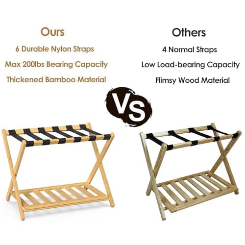 Bamboo Luggage Rack for Guest Room - 2 Pack, 26.77 Folding Suitcase Stand with Storage Shelf (Natural)