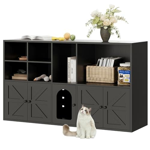 IRONCK 2-cat Litter Box Enclosure, White, Hidden Furniture with Large Storage — Black