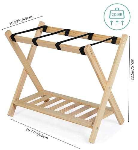 Wooden Luggage Racks Set of 3, Foldable with Storage Shelf, Hotel Suitcase Stand