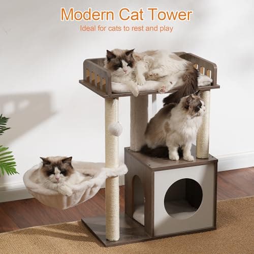Heybly Modern Wooden Cat Tree with 3 Scratching Posts & Rustic Gray Condo HCT007SSG