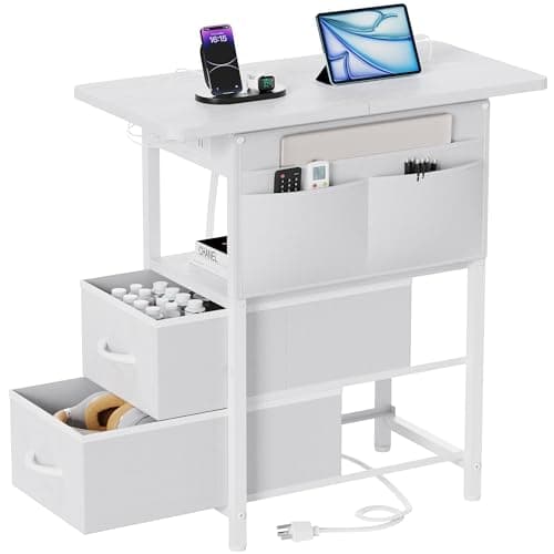 Narrow Side Table with Charging Station for Living Room and Bedroom — White
