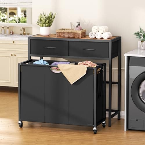 3-Section Rolling Laundry Hamper with Drawers for Organized Laundry Room