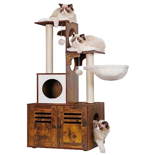 Heybly Wood Litter Box Cat Tree, Large Platform & Condo, Modern Style Cat Tower