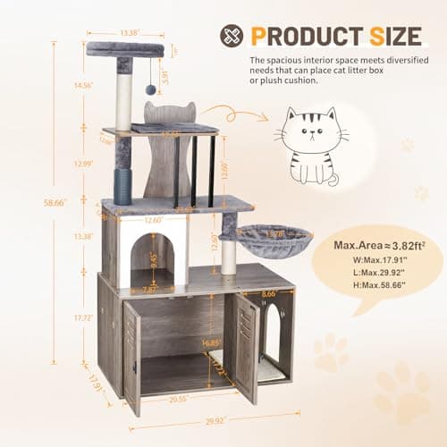 Modern 2-in-1 Cat Tree with Litter Box Enclosure for Indoor Cats, 58.66’’ Wood Condo with Scratching Post and Hammock, Grey