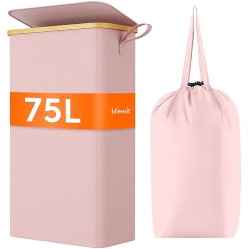 Lifewit 65L Slim Laundry Hamper with Lid & Bamboo Handles, Dark Gray — Pink