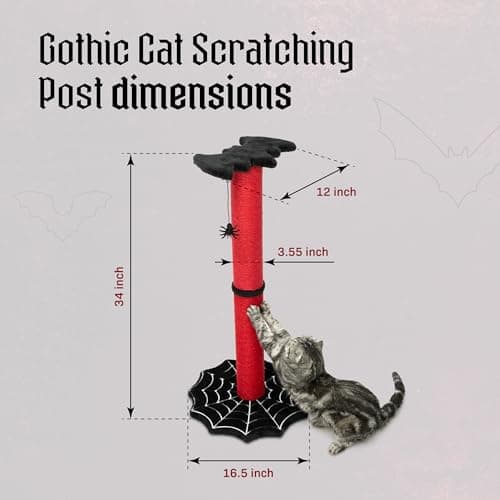 Gothic Cat Scratcher, 34" Sturdy Spider Web Base, Bat Top, Black & Red