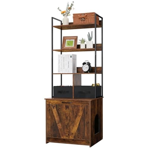 Dwanton Rustic Brown Cat Litter Box with 3 Shelves & 2 Drawers