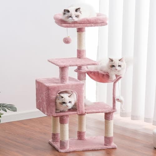 Pink Cat Tree Condo with Toy and Scratching Posts for Indoor Cats