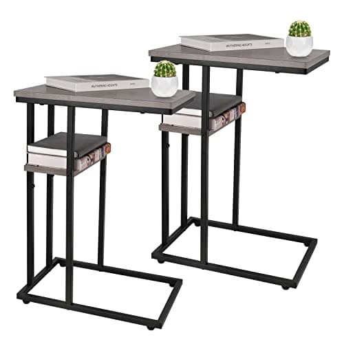 YooBure C-Shaped End Table, Rustic Snack Table for Living Room and Bedroom — Greige