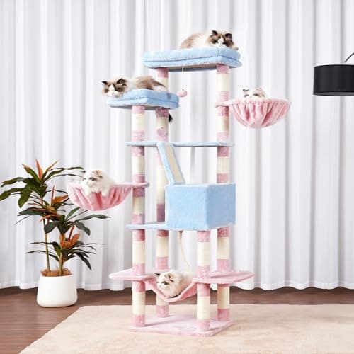 68 inch Multi-Level Cat Tower for Indoor Cats with Scratching Board & Caves, Blue/Pink