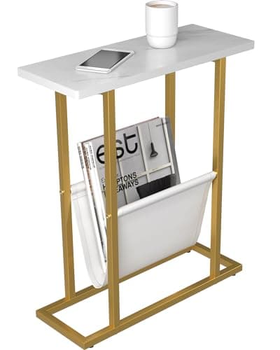 Yusong Narrow Side Table for Small Spaces, Rustic Brown, Slim Storage Holder — White