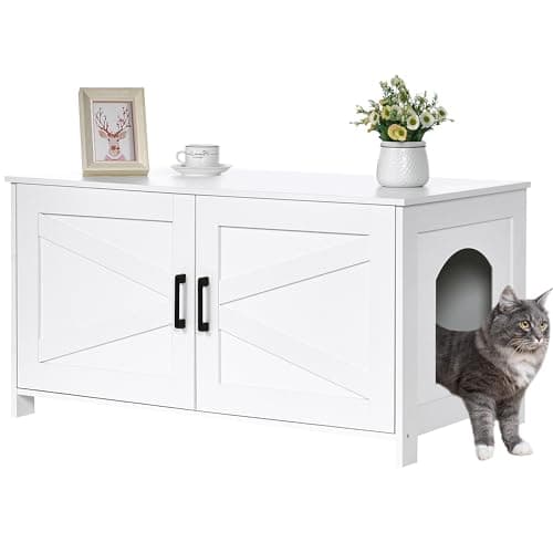 Homedy Black Wooden Cat Washroom with Barn Door, Fit Most Litter Box — White