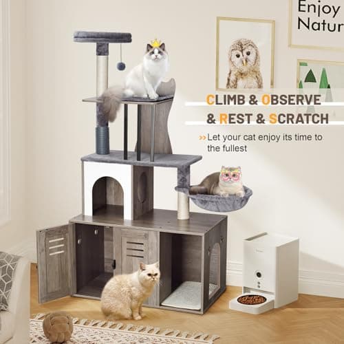 Modern 2-in-1 Cat Tree with Litter Box Enclosure for Indoor Cats, 58.66’’ Wood Condo with Scratching Post and Hammock, Grey