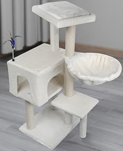 Beige Jute-Covered Cat Tree with Toy Ball Activity Center