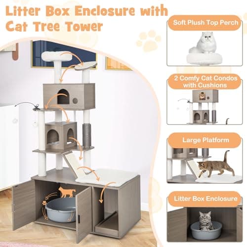 Tangkula Cat Tree with Litter Box, 2 Condos, Scratching Posts & Dangling Balls