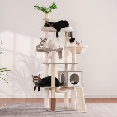 Modern Rustic Gray Cat Tree for Indoor Cats with Self Groomer