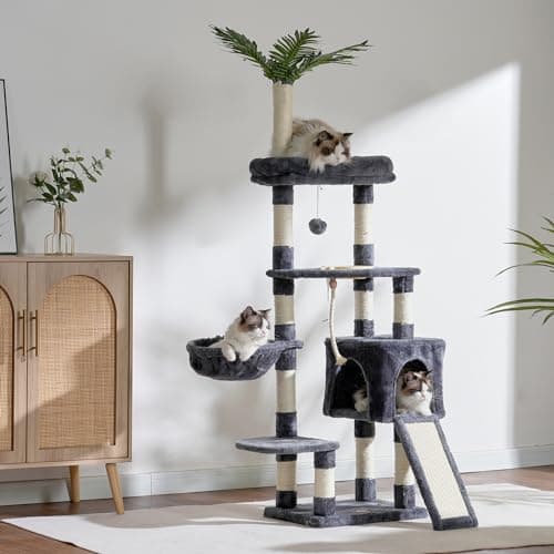 65.4-Inch Cat Tree for Indoor Cats with Plush Furniture and Scratching Posts - Smoky Gray Color (HCT015G) by Heybly