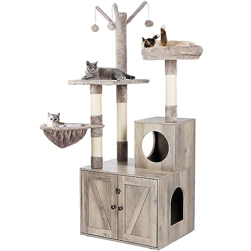Cat Litter Box Enclosure with Tree Tower Furniture — Grey