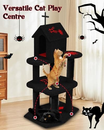 Gothic 55-Inch Cat Tower for Large Indoor Cats with Dual Condos and Scratching Board - Black