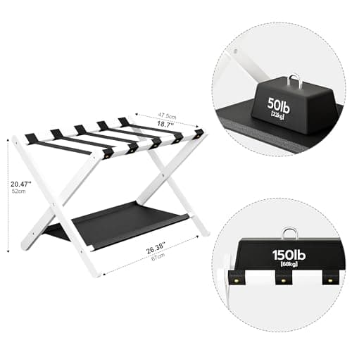 Solid Oak Wood Luggage Rack with Storage, Leather Straps, White, Ideal for Guest Room, Bedroom, Hotel