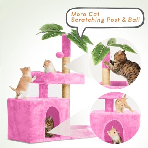 31.5" Pink Cat Tree with Leaf Design & Scratching Posts