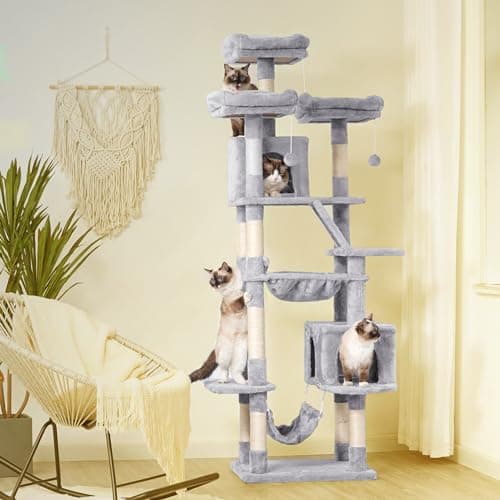 Heybly 73-Inch Cat Tree for Large Cats - Heavy Duty Indoor Condo with Plush Perch, Cozy Basket, and Scratching Posts in Light Gray