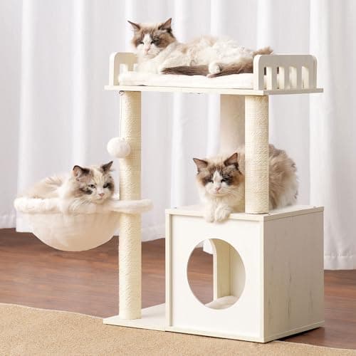 Heybly Modern Cat Tree for Indoor Cats with 3 Scratching Posts and Wood Cave, Plush Perch, and Basket, White HCT007SWT
Heybly Cat Tower with 3 Scratching Posts and Wood Cave for Cats, Plush Perch and Basket, White HCT007SWT
Heybly White Modern Cat Tr