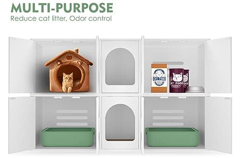 2 Cat Litter Box Enclosure, Double Room Wooden Furniture with Cat Door, White