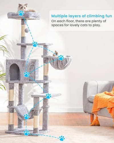 MPJ050W Large Hammock Cat Tree with Sisal Scratching Posts Light Gray