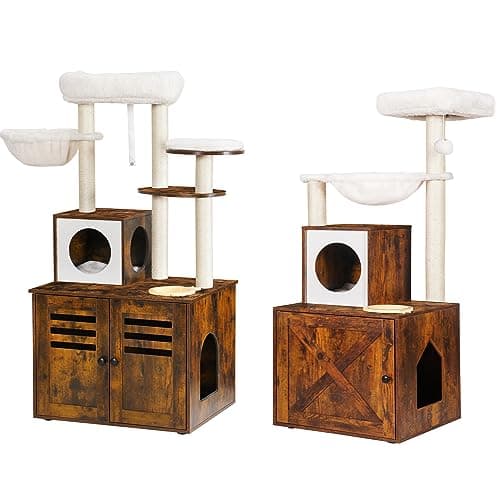Heybly Wood Litter Box & Cat Tree Enclosure, Modern Style Cat Tower with Hammock
